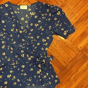 Blue Floral Wrap Blouse